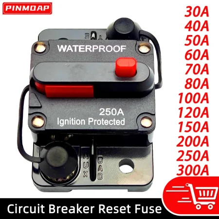 Car Waterproof Circuit Breaker Fuse Ribbon Reset 30A 40A 60A 70A 80A 100A 150A 200A 250A 300A AMP12-48V DC Car Boat Car Audio