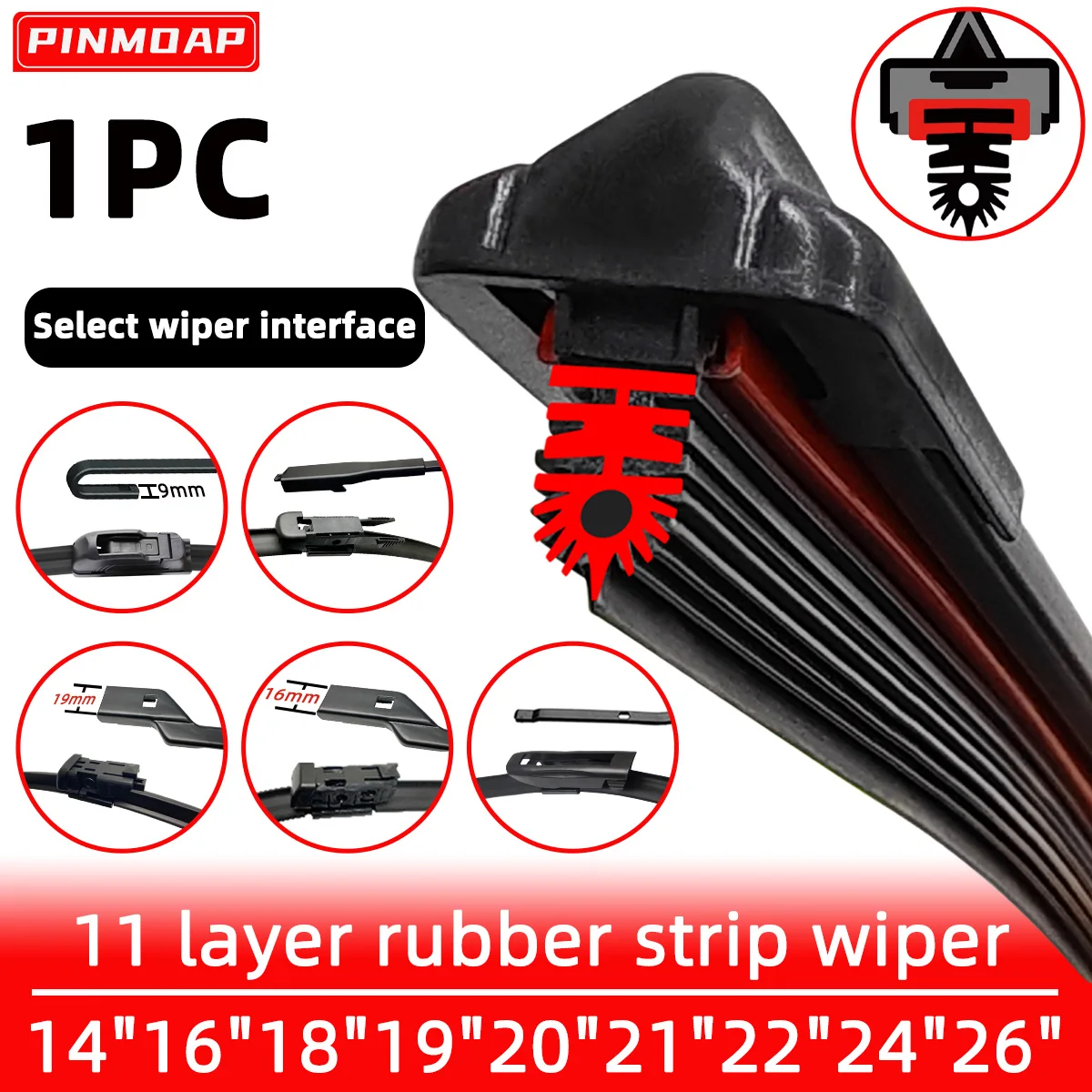 PINMOAP Silent Wiper Blade 11 Layer Rubber Strip J/19mm/16mm/Bayonet/Pinch Tab Interface Selection 14"16"18"19"20"21"22"24"26"